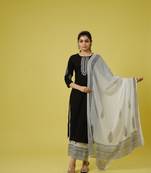 Black 3/4th sleeves cotton machine embroidery, block print calf length kurta set - with dupatta