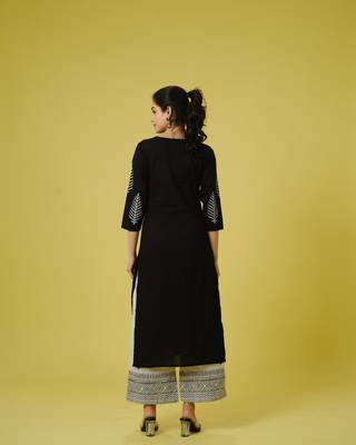 Black 3/4th sleeves cotton machine embroidery, block print calf length kurta set - with dupatta 3