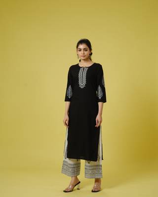 Black 3/4th sleeves cotton machine embroidery, block print calf length kurta set - with dupatta 4