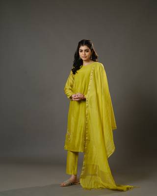 Lime green full sleeves cotton silk gold thread work calf length kurta set - with dupatta 1