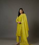 Lime green full sleeves cotton silk gold thread work calf length kurta set - with dupatta