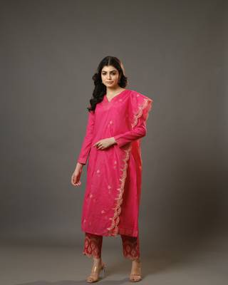 Pink full sleeves cotton blend slub thread work calf length kurta set - with dupatta 1