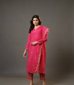 Pink full sleeves cotton blend slub thread work calf length kurta set - with dupatta