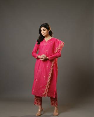 Pink full sleeves cotton blend slub thread work calf length kurta set - with dupatta 2