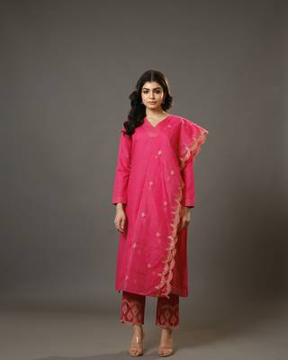 Pink full sleeves cotton blend slub thread work calf length kurta set - with dupatta 3