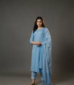 Sky blue 3/4th sleeves cotton block print calf length kurta set - with dupatta
