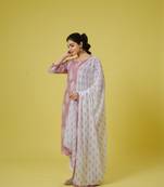 Lavender 3/4th sleeves cotton cambric traditional motifs calf length kurta set - with dupatta