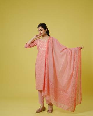 Peach 3/4th sleeves cotton traditional motifs, thread work, sequin work calf length kurta set - with dupatta 1