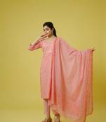 Peach 3/4th sleeves cotton traditional motifs, thread work, sequin work calf length kurta set - with dupatta