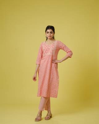 Peach 3/4th sleeves cotton traditional motifs, thread work, sequin work calf length kurta set - with dupatta 2
