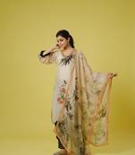 Cream 3/4th sleeves cotton silk digital floral print, sequin work calf length kurta set - with dupatta