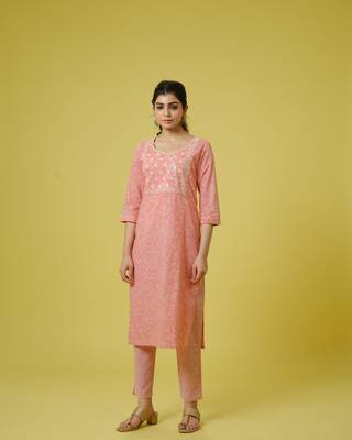 Peach 3/4th sleeves cotton traditional motifs, thread work, sequin work calf length kurta set - with dupatta 3