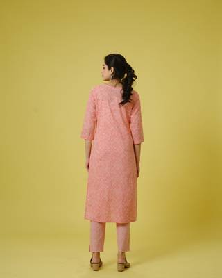Peach 3/4th sleeves cotton traditional motifs, thread work, sequin work calf length kurta set - with dupatta 4