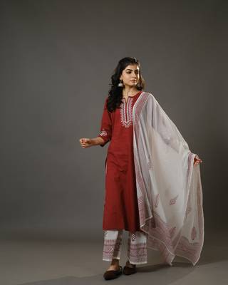 Maroon 3/4th sleeves cotton machine embroidery, block print calf length kurta set - with dupatta 1