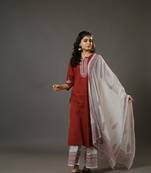 Maroon 3/4th sleeves cotton machine embroidery, block print calf length kurta set - with dupatta