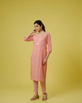 Peach 3/4th sleeves cotton traditional motifs, thread work, sequin work calf length kurta set - with dupatta 5