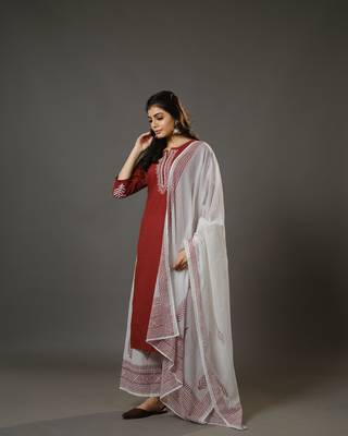 Maroon 3/4th sleeves cotton machine embroidery, block print calf length kurta set - with dupatta 2