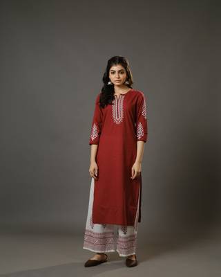 Maroon 3/4th sleeves cotton machine embroidery, block print calf length kurta set - with dupatta 3