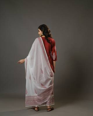 Maroon 3/4th sleeves cotton machine embroidery, block print calf length kurta set - with dupatta 4