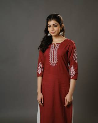 Maroon 3/4th sleeves cotton machine embroidery, block print calf length kurta set - with dupatta 5