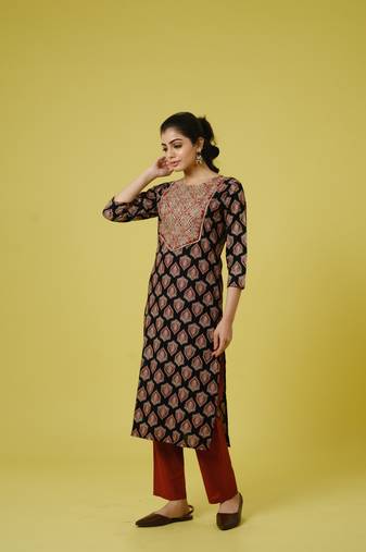 Black 3/4th sleeves cotton cambric traditional motifs calf length kurta set - with dupatta