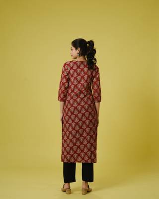 Red 3/4th sleeves cotton cambric traditional motifs calf length kurta set - with dupatta 4