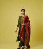 Green 3/4th sleeves chanderi banarasi print, mirror work calf length kurta set - with dupatta