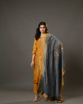 Yellow 3/4th sleeves chanderi banarasi print, mirror work calf length kurta set - with dupatta 1