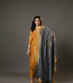 Yellow 3/4th sleeves chanderi banarasi print, mirror work calf length kurta set - with dupatta