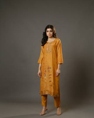 Yellow 3/4th sleeves chanderi banarasi print, mirror work calf length kurta set - with dupatta 2
