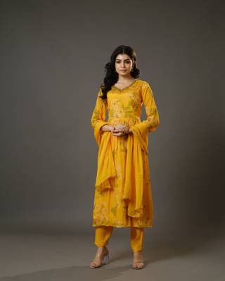 Yellow 3/4th sleeves chiffon digital floral print, embellishment, mirror work calf length kurta set - with dupatta 1