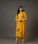 Yellow 3/4th sleeves chiffon digital floral print, embellishment, mirror work calf length kurta set - with dupatta