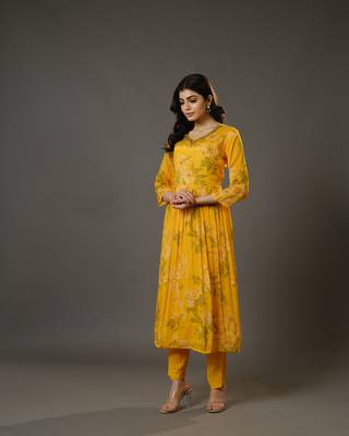 Yellow 3/4th sleeves chiffon digital floral print, embellishment, mirror work calf length kurta set - with dupatta 3