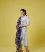 Purple 3/4th sleeves cotton cambric floral machine embroidery calf length kurta set - with dupatta