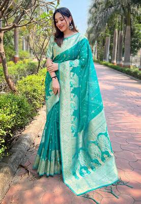 Sea Green Organza Floral Rainbow Zari Woven Unique Saree With Unstitched Blouse 1