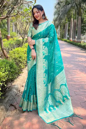 Sea green organza floral rainbow zari woven unique saree with unstitched blouse