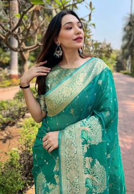 Sea Green Organza Floral Rainbow Zari Woven Unique Saree With Unstitched Blouse 2