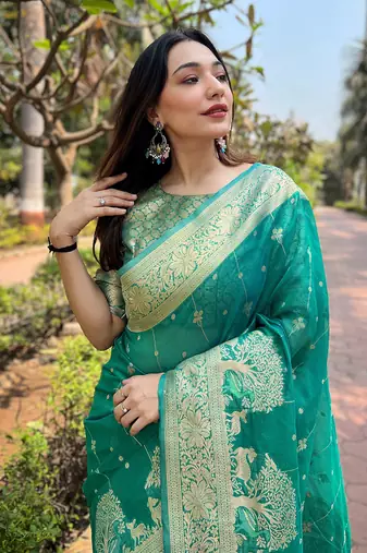 Sea Green Organza Floral Rainbow Zari Woven Unique Saree With Unstitched Blouse