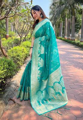 Sea Green Organza Floral Rainbow Zari Woven Unique Saree With Unstitched Blouse 3