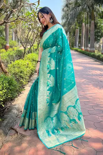 Sea Green Organza Floral Rainbow Zari Woven Unique Saree With Unstitched Blouse