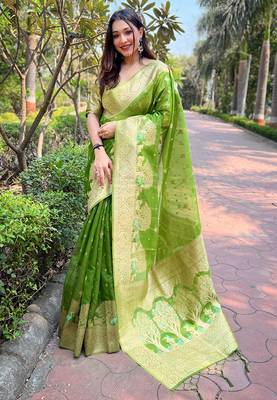Green Organza Floral Rainbow Zari Woven Unique Saree With Unstitched Blouse 1