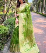 Green Organza Floral Rainbow Zari Woven Unique Saree With Unstitched Blouse