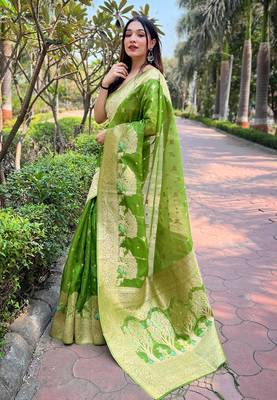 Green Organza Floral Rainbow Zari Woven Unique Saree With Unstitched Blouse 2