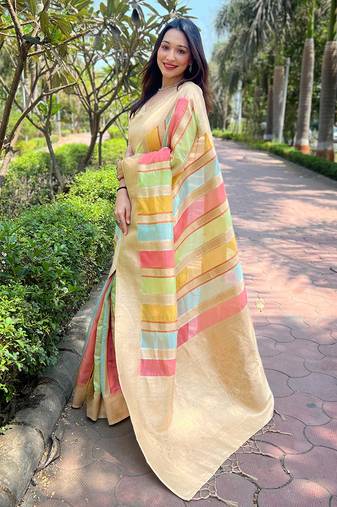 Cream Organza Multicolor Latest Zari Woven Saree