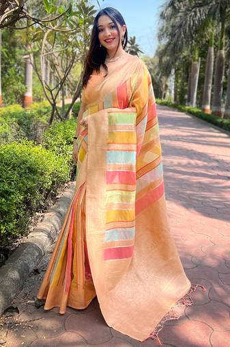 Dark Peach Organza Multicolor Latest Zari Woven Saree