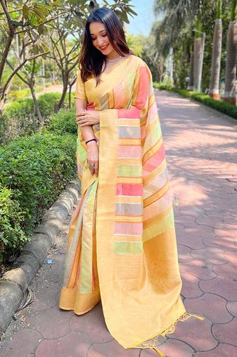 Yellow Organza Multicolor Latest Zari Woven Saree