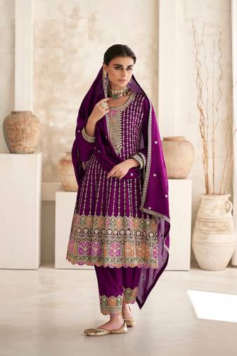 WINE COLOR CHINON EMBROIDERED SALWAR KAMEEZ