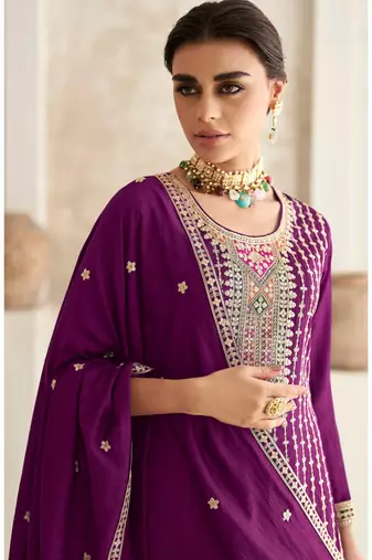 WINE COLOR CHINON EMBROIDERED SALWAR KAMEEZ