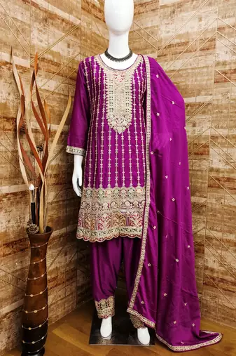 WINE COLOR CHINON EMBROIDERED SALWAR KAMEEZ