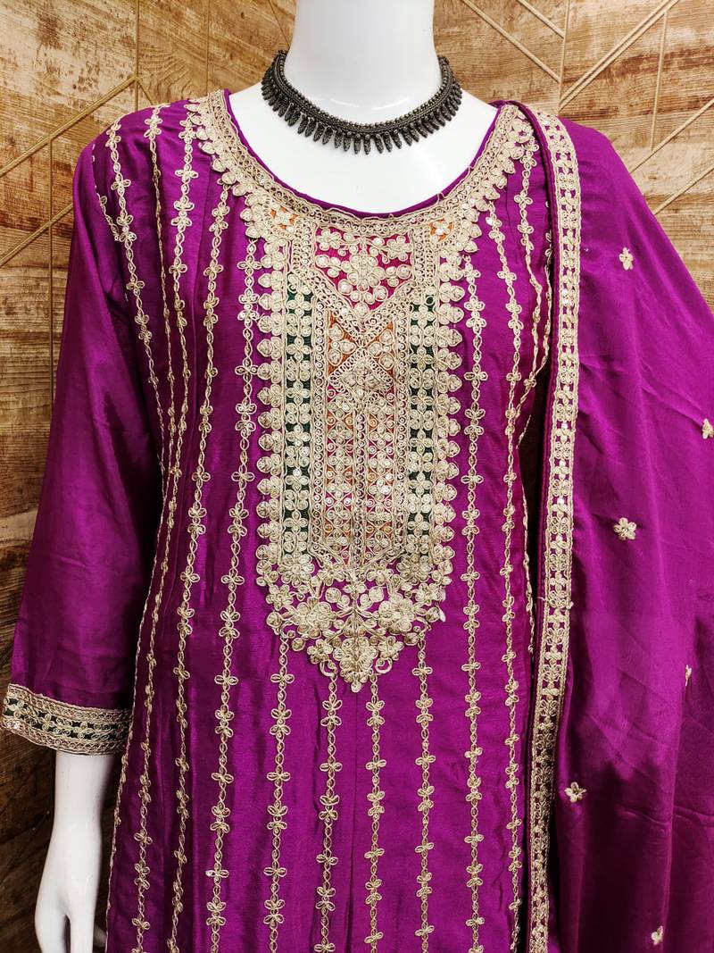 WINE COLOR CHINON EMBROIDERED SALWAR KAMEEZ